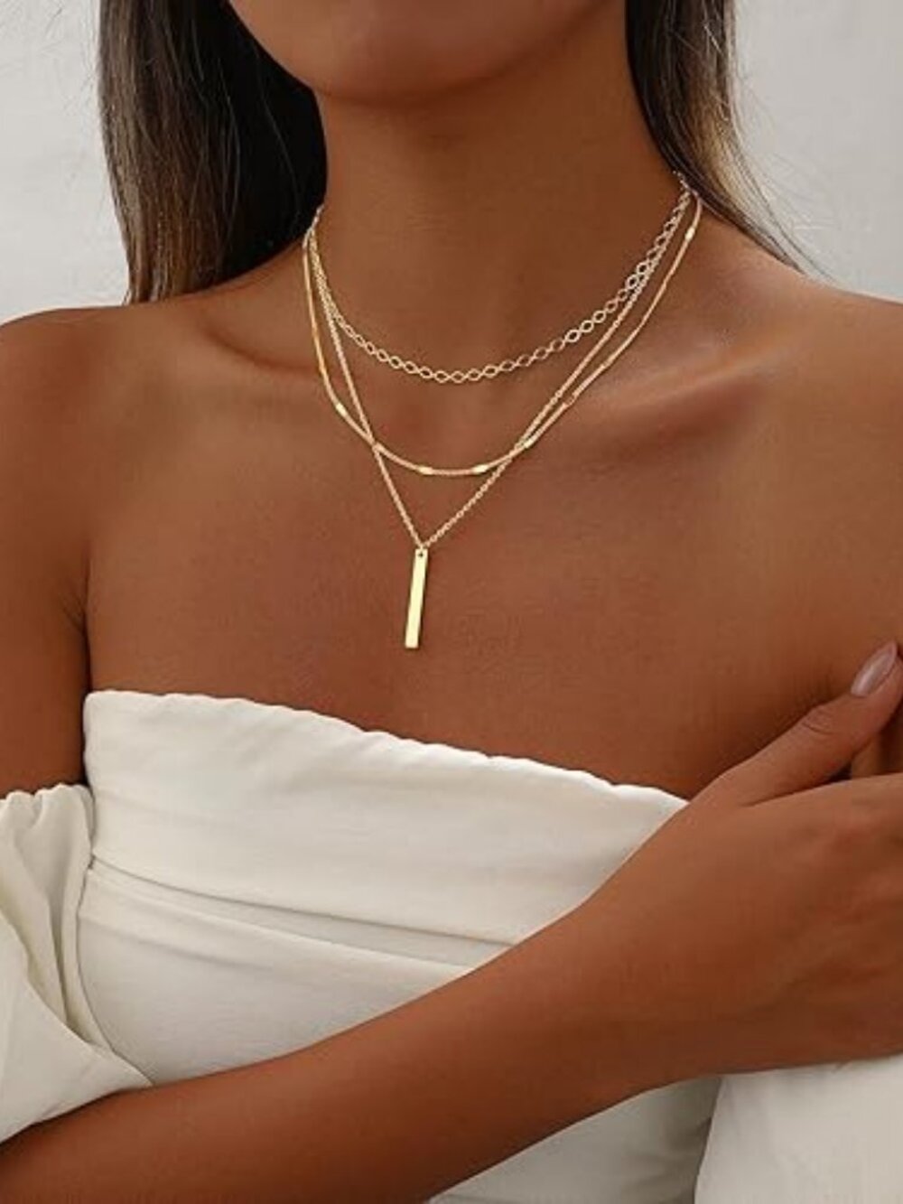 14K Gold Layered Necklace Set Cross Bar Herringbone Figaro Paperclip Chain - Picture 3 of 6